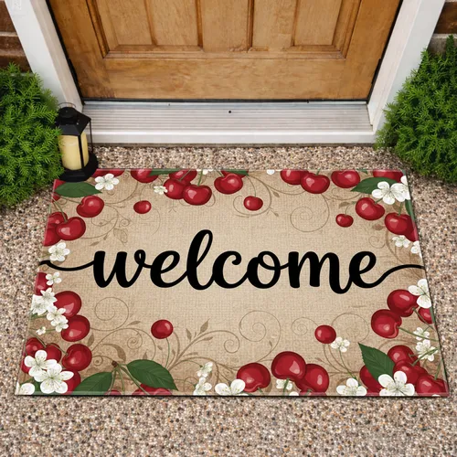 Red Cherries White Blossoms Welcome - Farmhouse Home Decor Gift Doormat