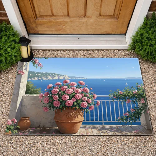 Terracotta Pot Pink Dahlia Mediterranean Seascape - Home Decor Gift for Garden Lover Doormat