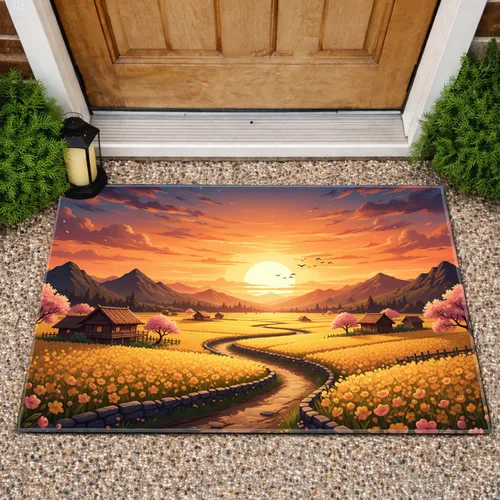 Asian Golden Fields Village Mountains Path Sunset - Home Decor Gift Doormat