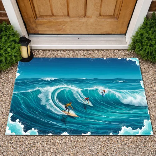 Four Surfers Crashing Turquoise Ocean Waves - Ocean Lover Home Decor Gift Doormat