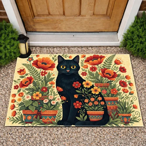 Black Cat Floral Poppy Flowers Terracotta Pots Blossoms Plants - Home Decor Gift for Cat Lover Doormat