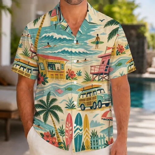 Aloha Beach Palms, Surf Wagon And Lifeguard Hut For Tropical Resort Getaways Travel Hawaiian Shirt