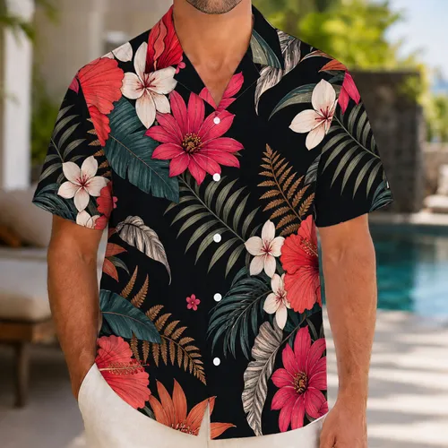 Coral Hibiscus And Teal Palm Florals For Beach Vacations Resort Wear And Travel Style Hawaiian Shirt