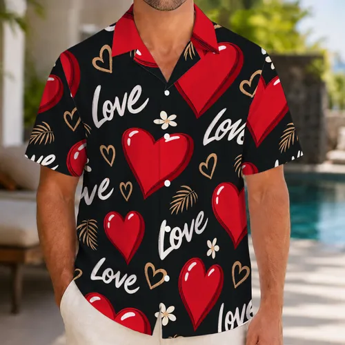 Red Heart Love Script Romantic Valentine's Day Tropical Vacation Wear Gift For Men Hawaiian Shirt