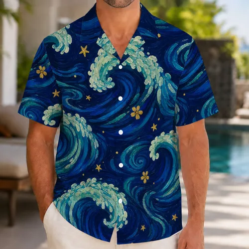 Hand-Painted Moonlit Ocean Waves for Tropical Beach Vacations and Coastal Travel Hawaiian Shirt