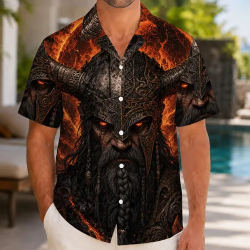 Flame Horn Viking Warrior With Lava Fire For Men’s Festival And Luau Party Nights Hawaiian Shirt