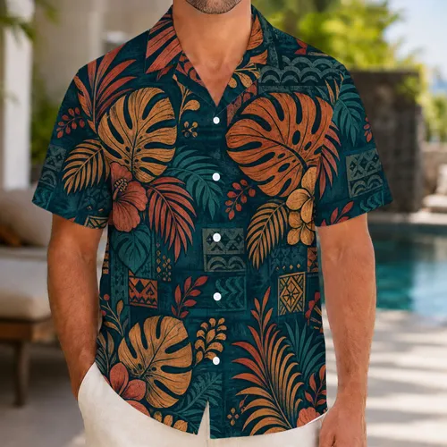 Vintage Tropical Botanical Medallions for Beach Vacation and Resort Travel Wear Looks Hawaiian Shirt