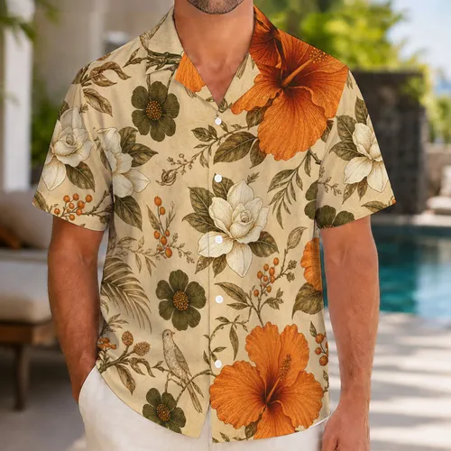 Vintage Hibiscus Gardenia Floral Tropical Camp Shirt for Beach Vacation Travel Men Hawaiian Shirt