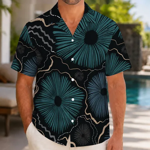 Teal Palm Rosettes And Coastal Contours For Tropical Night Island Vacation Wear Men Hawaiian Shirt