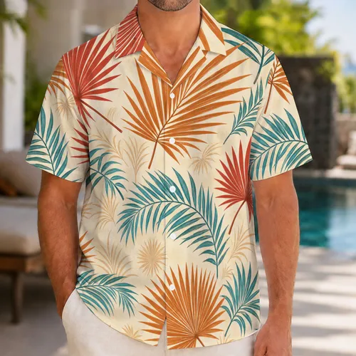 Terracotta Palm Fronds And Teal Leaves For Resort Vacation Wear And Beach Travel Hawaiian Shirt