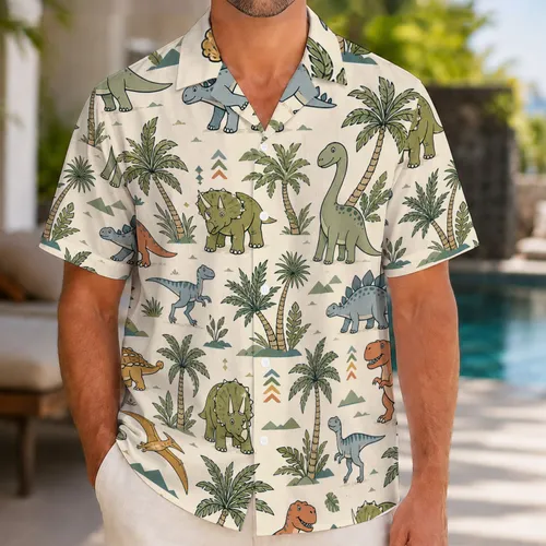 Tropical Dinosaur And Palm Motifs For Beach Vacations And Relaxed Resort Summer Wear Hawaiian Shirt