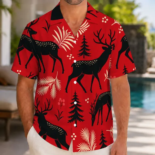 Red Christmas Deer And Pine Silhouettes For Tropical Holiday Parties And Beach Travel Hawaiian Shirt