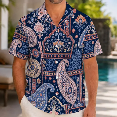 Midnight Navy Paisley Patchwork Tropical Resort Vacation Beachwear Style For Men Hawaiian Shirt
