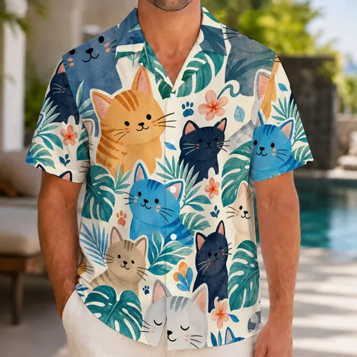 Cartoon Tropical Cats And Plumeria For Beach Vacations, Resort Wear And Cat Lovers Hawaiian Shirt