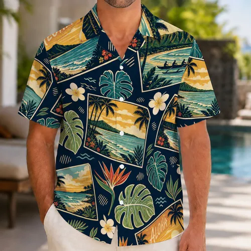Vintage Aloha Postcards With Tropical Leaves For Beach Vacations And Resort Travel Hawaiian Shirt