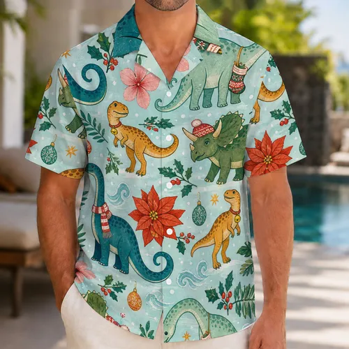 Festive Tropical Dinosaur Christmas Botanical Vacation Party Outfit For Men And Women Hawaiian Shirt
