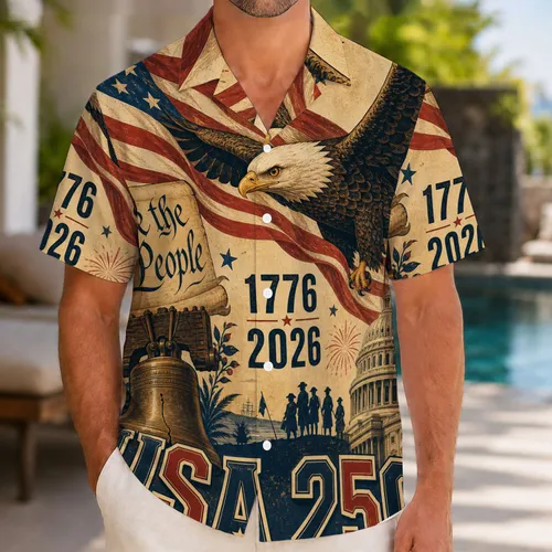 Bald Eagle Flag USA 250 Independence Day Beach Vacation Patriotic Men's Gift Celebration Hawaiian Shirt