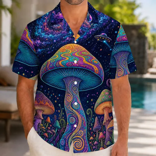 Psychedelic Cosmic Mushroom Galaxy Alien Scene For Festival And Beach Vacation For Space Lovers Hawaiian Shirt