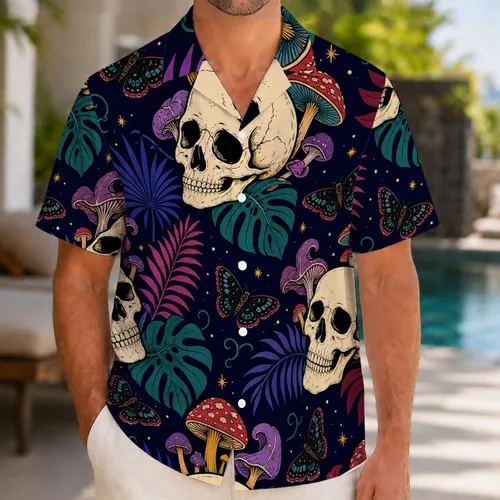 Nocturnal Tropical Skull And Mushroom Garden For Halloween Parties And Beach Vacations Hawaiian Shirt