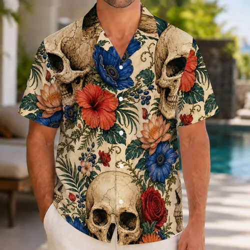 Vintage Floral Skull Botanical Aloha Beach Vacation Resort Outfit For Men And Women Hawaiian Shirt
