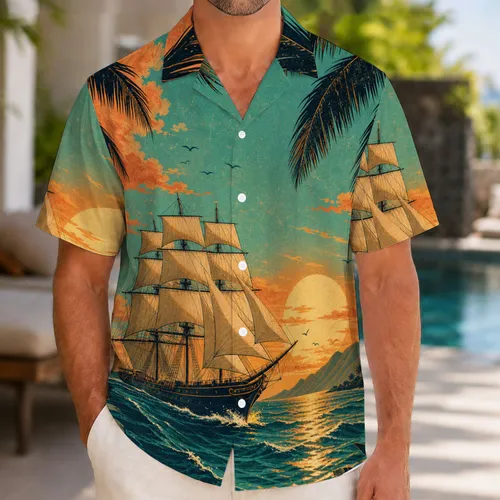 Vintage Sailing Ship Sunset Nautical Aloha Cruise Party Beachwear For Ocean Lovers Hawaiian Shirt