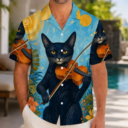 Black Tuxedo Cat Playing Violin Island Music Festival Vacation Gift For Cat Lovers Hawaiian Shirt