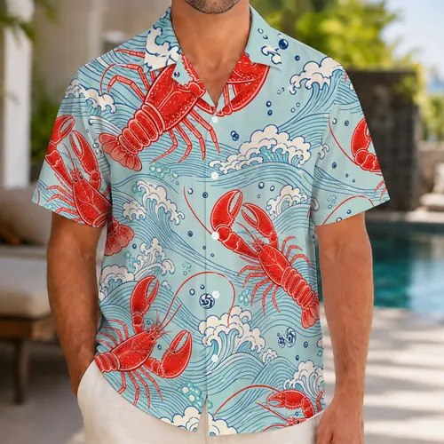Vermilion Lobster And Japanese Ocean Waves For Coastal Beach Resort Vacation Style Men Hawaiian Shirt