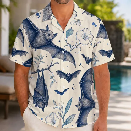 Indigo Nocturnal Bats And Plumeria For Gothic Halloween Tropical Resort Wear Lovers Hawaiian Shirt
