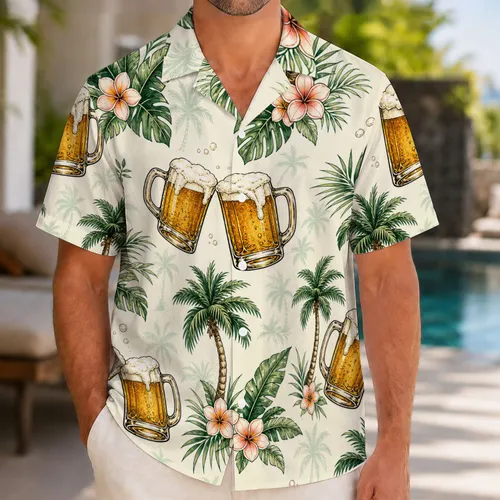 Amber Beer Stein Toasts With Palms And Plumeria For Resort Festival Vacation Trips Hawaiian Shirt