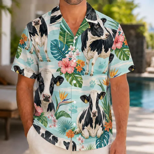 Holstein Cow Tropical Florals For Beach Vacations And Island Getaways Resort Travel Hawaiian Shirt