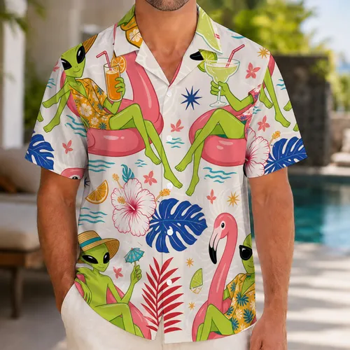 Whimsical Alien Flamingo Cocktail Tropical Beach Vacation Resort Party Wear For Men Hawaiian Shirt