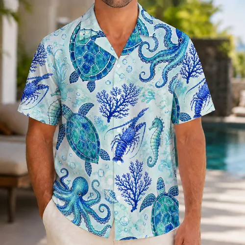 Sea Turtle Seahorse Octopus Ocean Life Resort Vacation Beachwear for Coastal Men Hawaiian Shirt