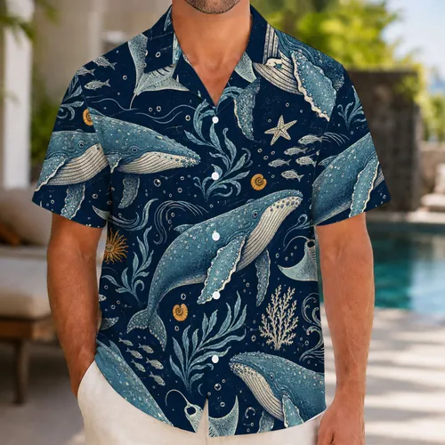 Vintage Humpback Whales Ocean Motif For Tropical Beach Vacation Campwear For Men Hawaiian Shirt