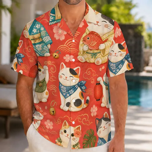 Cheerful Lucky Cat Sakura Resort Wear For Beach Vacations And Japanese Culture Fans Hawaiian Shirt