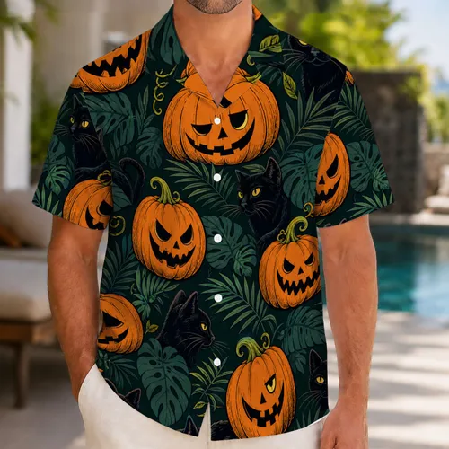 Jack O Lantern Black Cat Tropical Beach Halloween Party Vacation Costume For Men Hawaiian Shirt