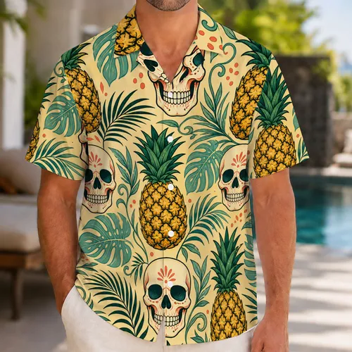 Tropical Pineapple Skull Jungle Motif For Beach Vacations, Luau Parties And Island Travel Hawaiian Shirt