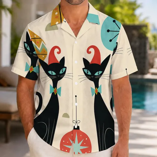 Retro Black Christmas Cats Atomic Ornaments For Holiday Parties And Beach Vacations Hawaiian Shirt