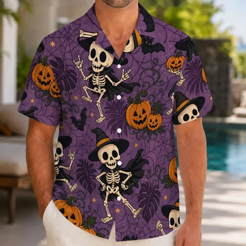 Witch Hat Skeletons And Pumpkins For Halloween Parties, Beach Trips And Costume Fans Hawaiian Shirt