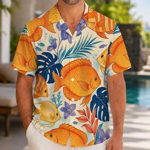 Vintage Tropical Reef Fish And Monstera For Coastal Beach Vacation Resort Wear Men Hawaiian Shirt