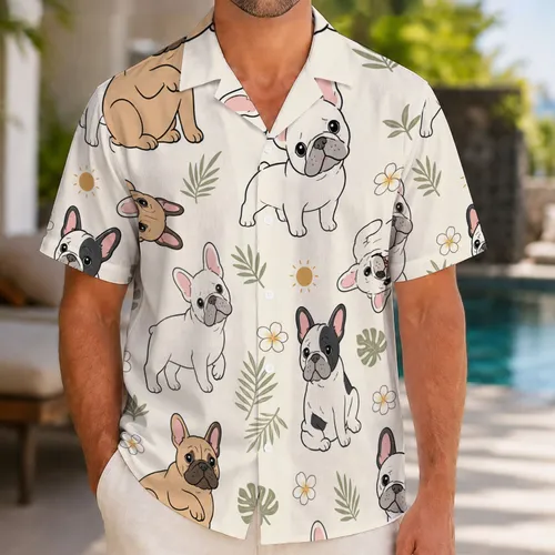 French Bulldog Cartoon Tropical Pet Motif for Relaxed Beach Vacation Dog Lovers Hawaiian Shirt