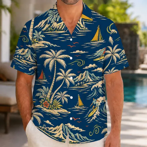 Vintage Coconut Palms And Ocean Waves Sailboats For Beach Vacation Resort Wear Men Hawaiian Shirt