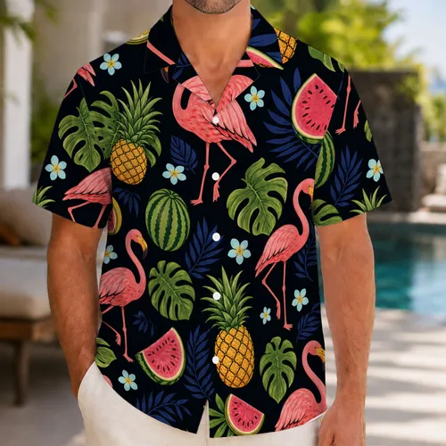 Flamingo Pineapple Watermelon Tropical Resort Beach Vacation Travel for Men and Women Hawaiian Shirt
