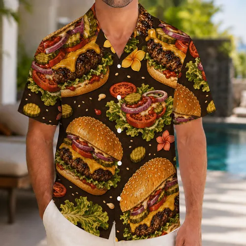 Vintage Cheeseburger Aloha Food Art for Beach Parties, Summer Cookouts, and Vacations Hawaiian Shirt
