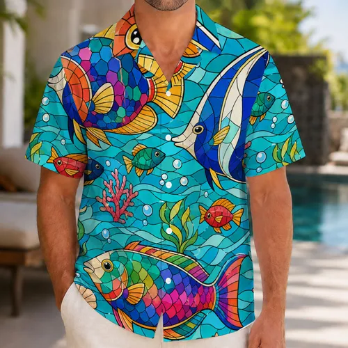 Colorful Stained Glass Tropical Reef Fish For Beach Vacation Resort Wear For Men Hawaiian Shirt