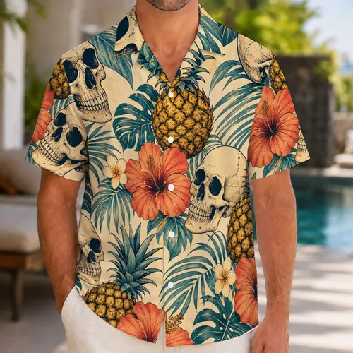 Vintage Skull Pineapple Hibiscus Tropical Aloha Beach Vacation Resort Wear For Men Hawaiian Shirt