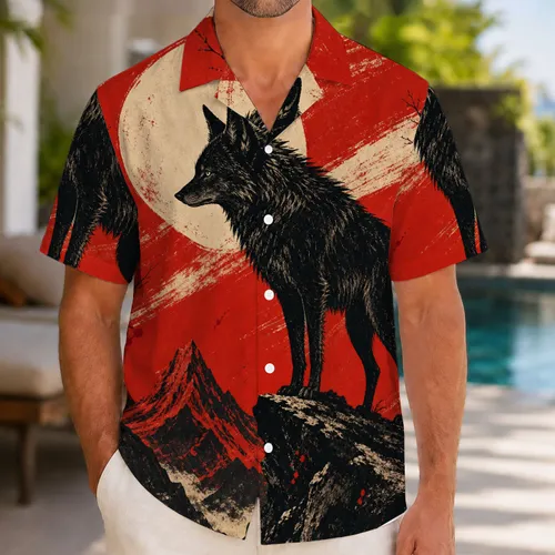 Black Wolf Moon Japanese Wilderness Scene For Beach Trips And Outdoor Adventure Men Hawaiian Shirt