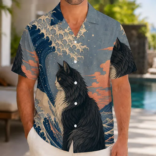 Ukiyo-E Tuxedo Cat Amid Ocean Waves For Coastal Getaways And Japanese Art Lovers Hawaiian Shirt