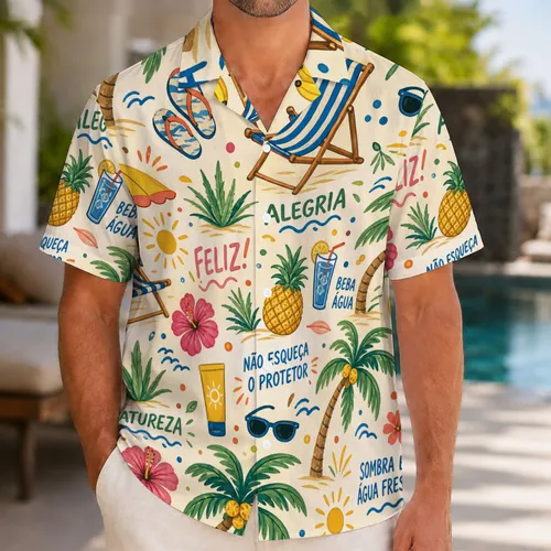 Brazilian Beach Doodles With Palms, Hibiscus And Umbrellas For Tropical Resort Getaways Hawaiian Shirt
