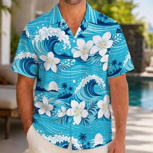 Tropical Ocean Waves Plumeria And Palm Islands For Beach Resort Vacation Style Men Hawaiian Shirt