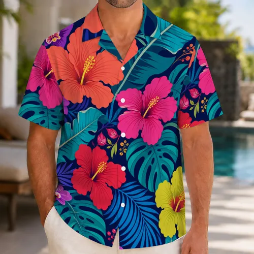 Tropical Hibiscus And Monstera Florals For Beach Vacation Resort Summer Getaway Hawaiian Shirt